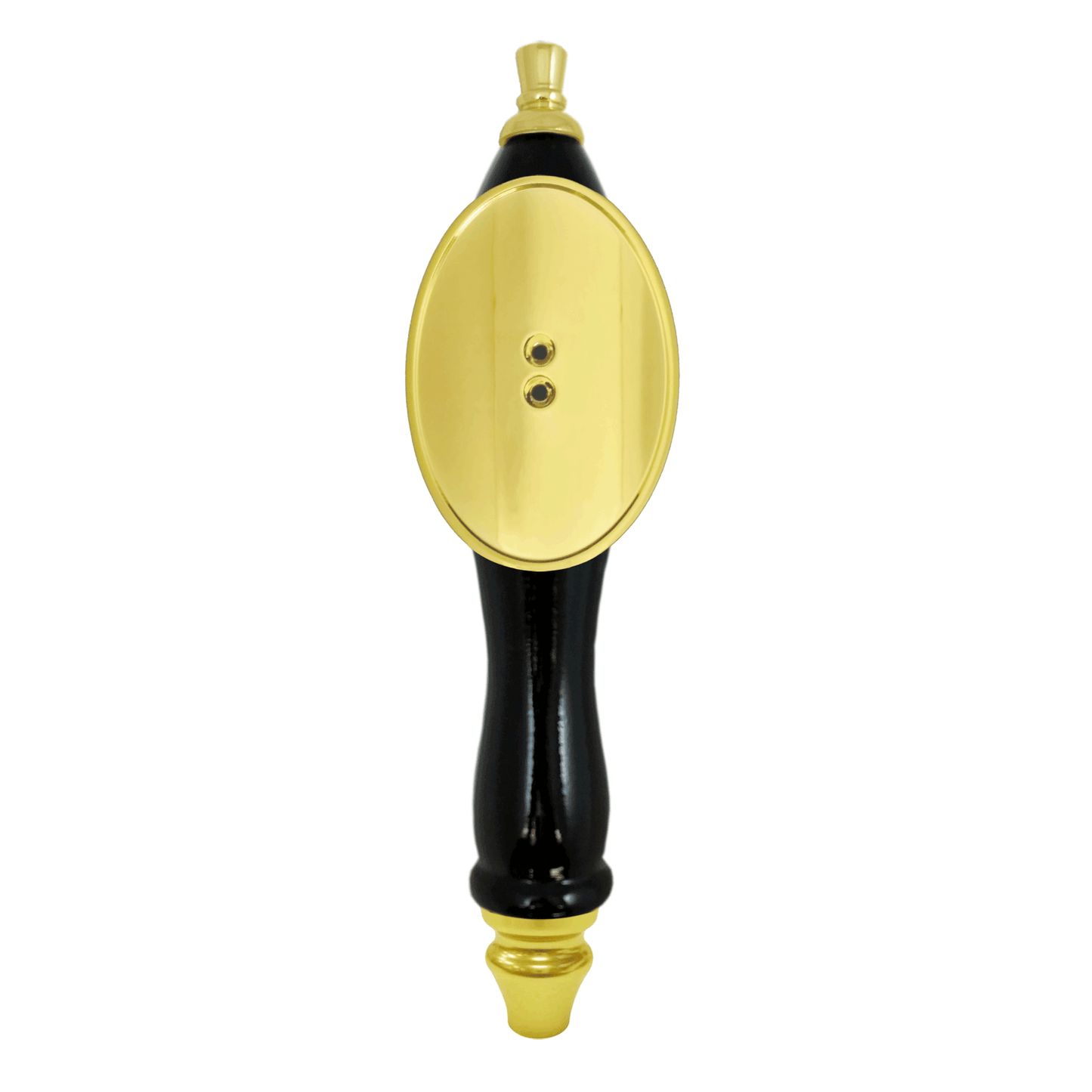 Pub Style Tap Handle, Black Finish, Curved Oval Shield, Gold Plated Hardware