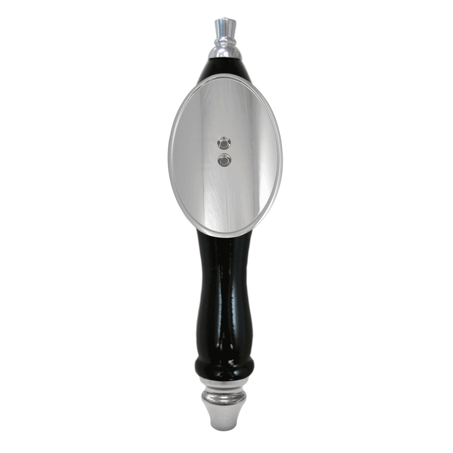 Pub Style Tap Handle, Black Finish, Curved Oval Shield, Silver Plated Hardware
