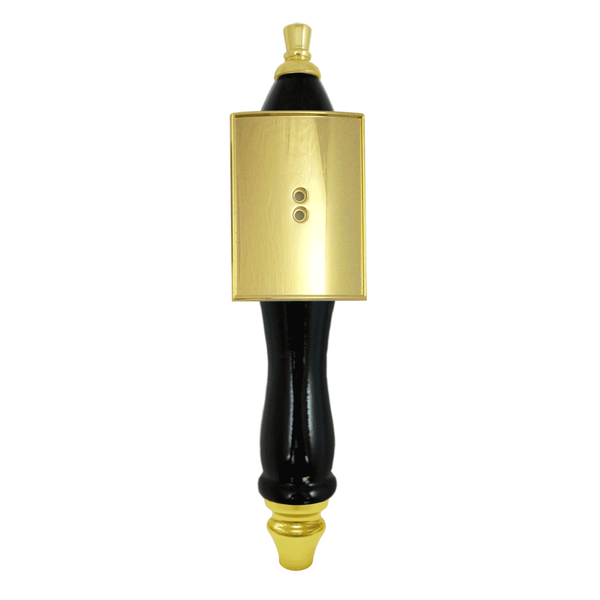 Pub Style Tap Handle, Black Finish, Curved Vertical Rectangle Shield, Gold Plated Hardware